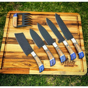 Grill Brothers SET KNIVES, 5-piece BBQ knife set with ergonomic wood and blue handles on wooden cutting board.