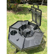Grill Brothers Small Duomo premium Argentine grill with 3mm iron, octagonal shape, adjustable stake system, and multiple cooking surfaces.