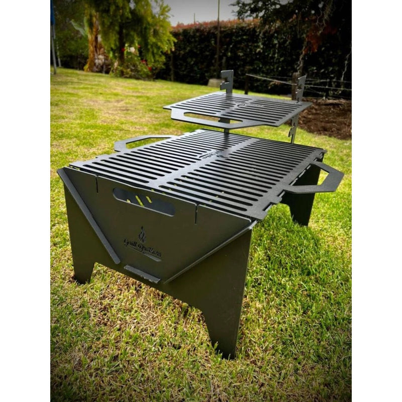 Grill Brothers TO GO Grill with cactus gray 3mm HR iron, adjustable dual cooking heights, compact portable design.