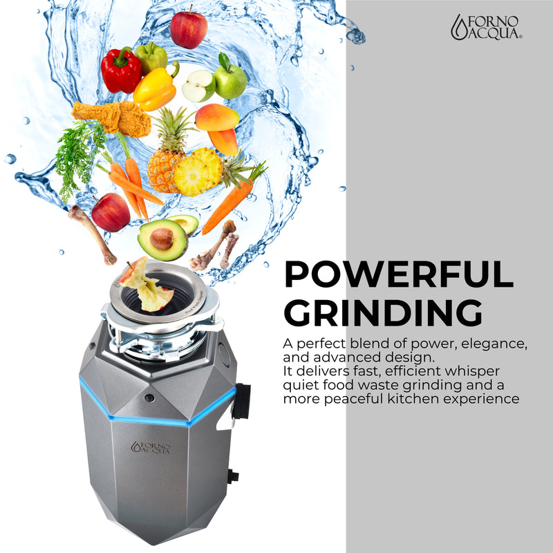 Forno ACQUA 1HP Garbage Disposal with Motion Sensor LED Light, Air Switch, 4-Stage Grinding, WDD100TA1BO