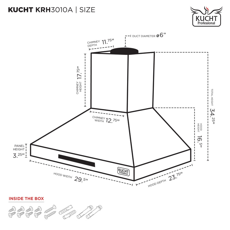 Kucht Professional 30" 900 CFM Wall Mount Range Hood in Stainless Steel, Digital Controls, KRH3010A
