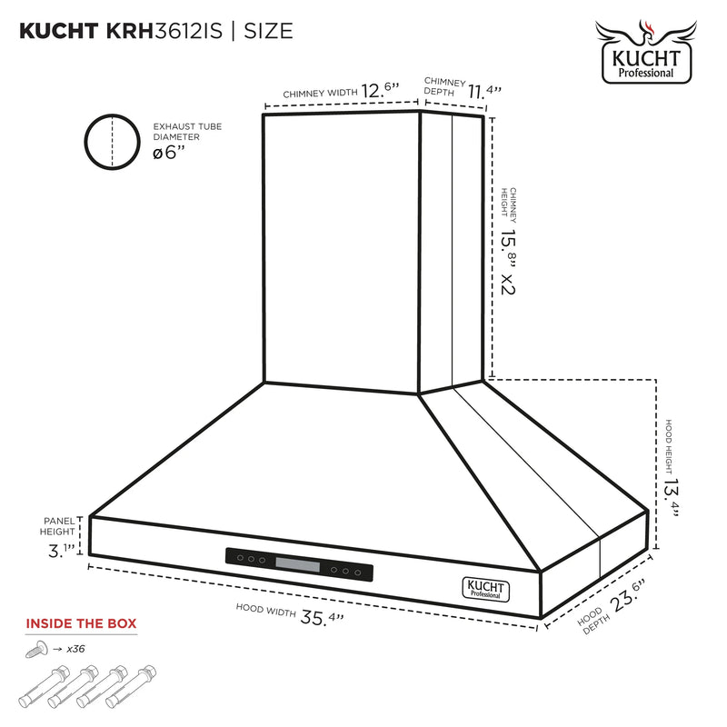 Kucht Professional 36" 900 CFM Island Range Hood in Stainless Steel, KRH3612IS
