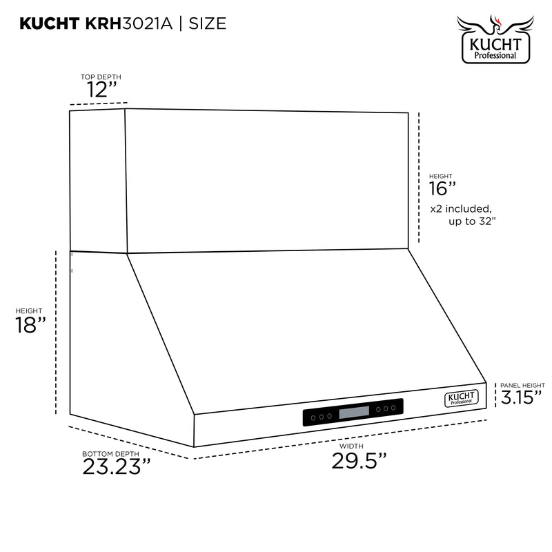 Kucht Professional 30" 900 CFM Wall Mount Range Hood in Stainless Steel, Digital Controls, KRH3021A