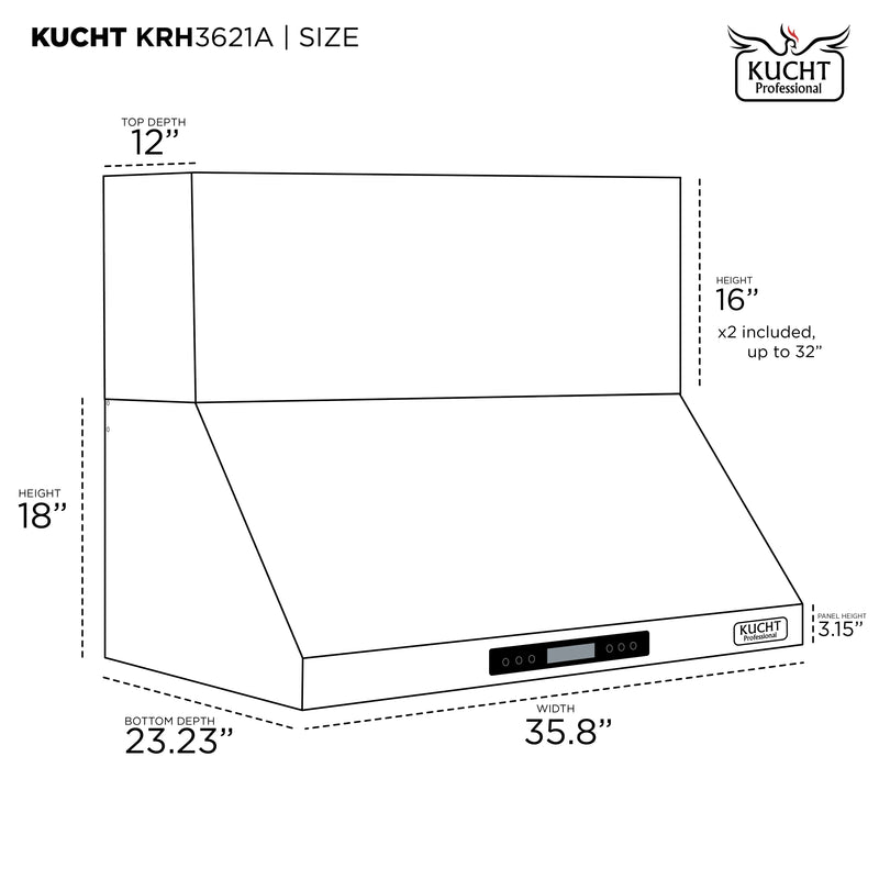 Kucht Professional 36" 900 CFM Wall Mount Range Hood in Stainless Steel, Digital Controls, KRH3621A