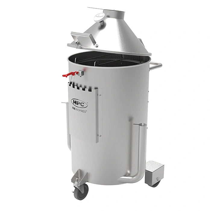 HPC Fire Inspired Drum Smoker in stainless steel with dual racks, conical lid, air vents, and caster wheels for outdoor cooking.