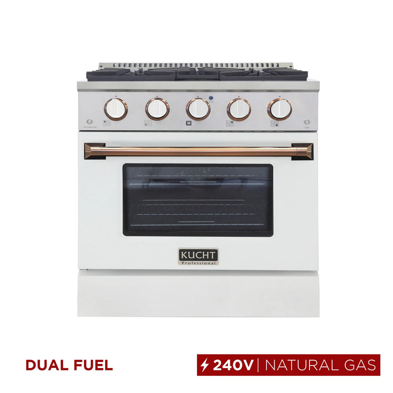 Kucht Professional 30" 4.2 cu ft. Propane Gas Dual Fuel Range with White Door and Gold Knobs, KDF302/LP-W-GOLD