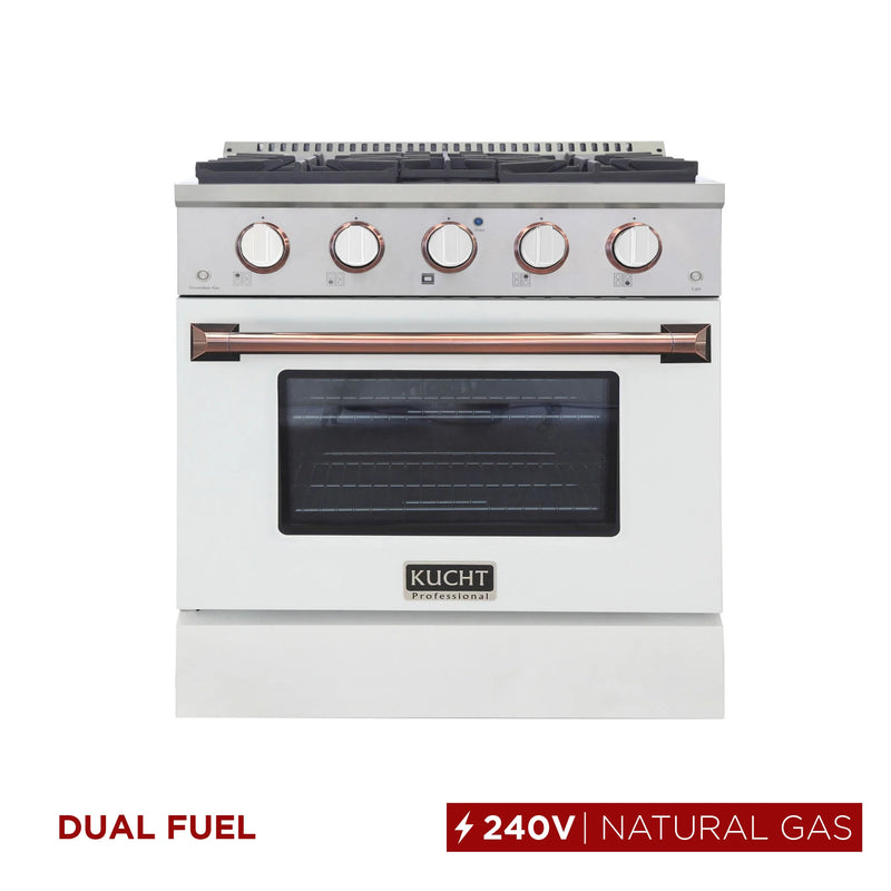 Kucht Professional 30" 4.2 cu ft. Propane Gas Dual Fuel Range with White Door and Rose Gold Knobs, KDF302/LP-W-ROSE
