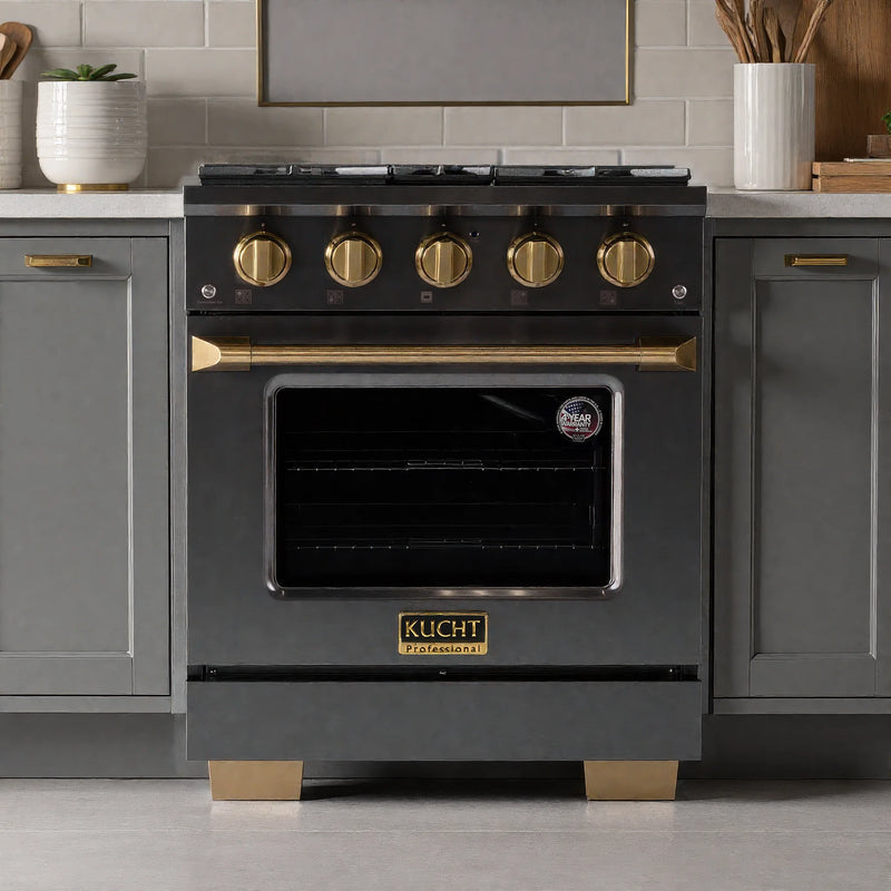 Kucht Gemstone 30" 4.2 cu ft. Propane Gas Dual Fuel Range in Black with Gold Knobs, KED304/LP