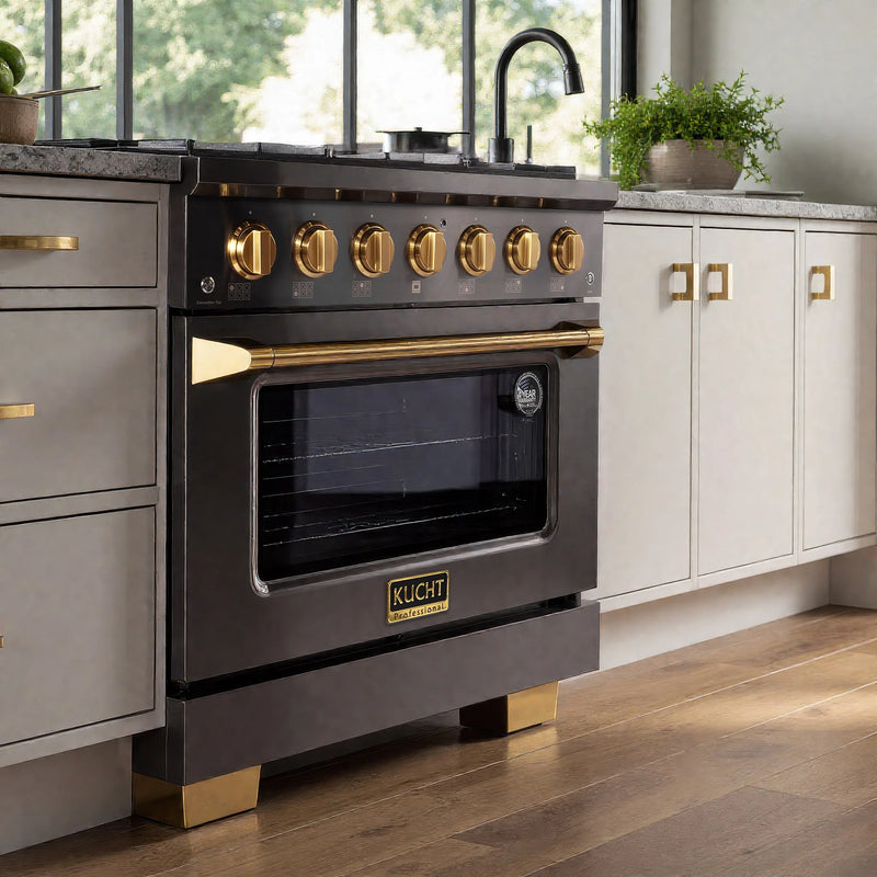 Kucht Gemstone 36" 5.2 cu ft. Natural Gas Dual Fuel Range with Black Door and Gold Knobs, KED364