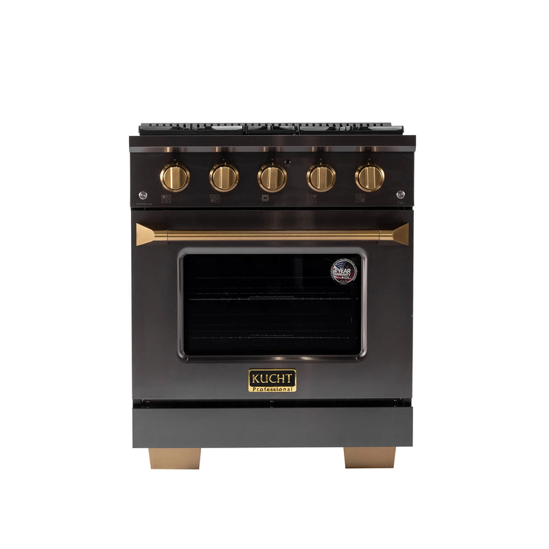 Kucht Gemstone 30" 4.2 cu ft. Propane Gas Dual Fuel Range in Black with Gold Knobs, KED304/LP