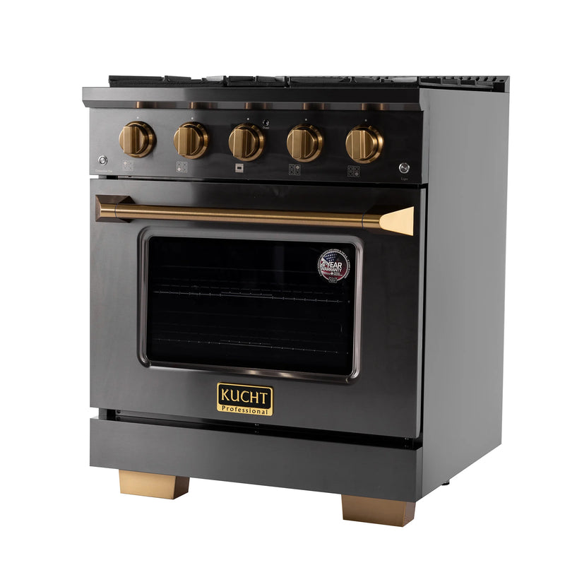 Kucht Gemstone 30" 4.2 cu ft. Natural Gas Dual Fuel Range in Black with Gold Knobs, KED304