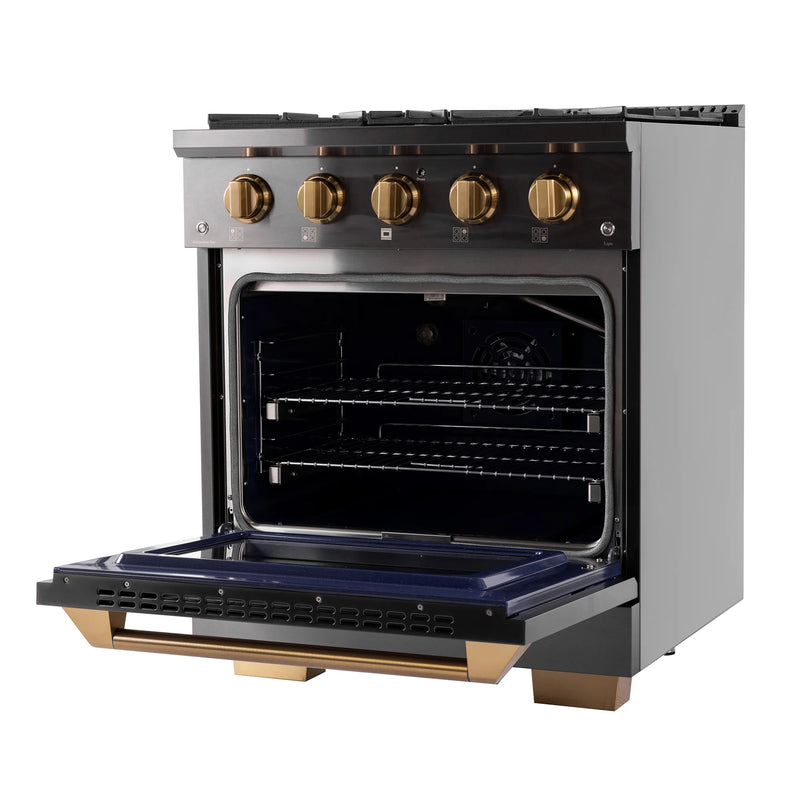 Kucht Gemstone Professional 30" 4.2 cu ft. Propane Gas Range in Titanium Stainless Steel with Gold Knobs, KEG303/LP