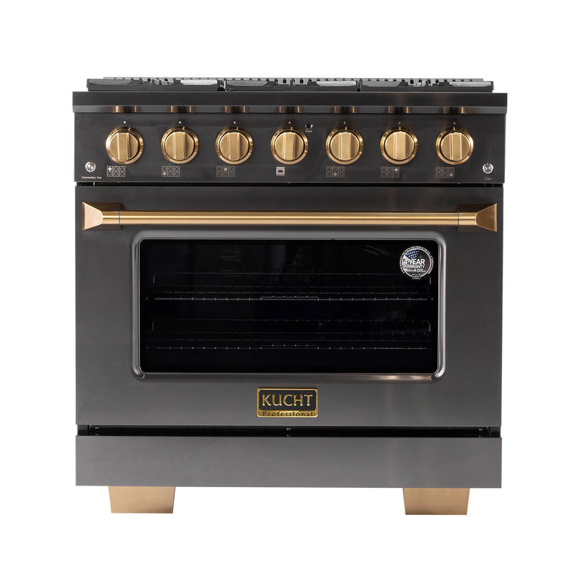 Kucht Gemstone Professional 36" 5.2 cu ft. Natural Gas Range in Titanium Stainless Steel with Gold Knobs, KEG363