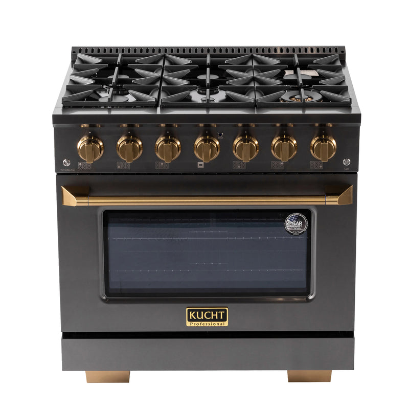 Kucht Gemstone 36" 5.2 cu ft. Natural Gas Dual Fuel Range with Black Door and Gold Knobs, KED364