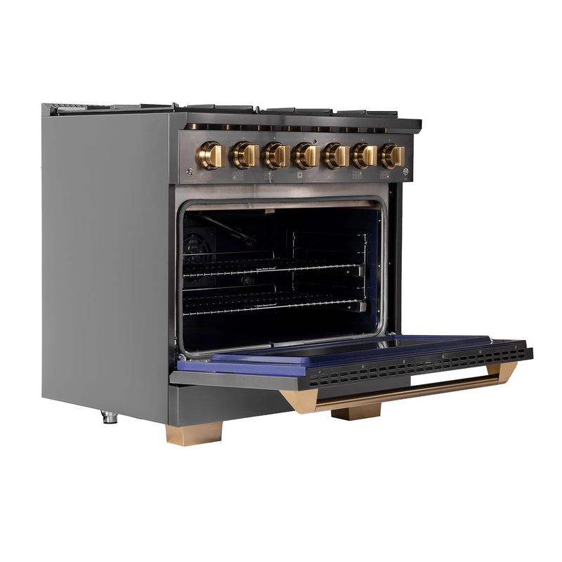 Kucht Gemstone Professional 36" 5.2 cu ft. Propane Gas Range in Titanium Stainless Steel with Gold Knobs, KEG363/LP