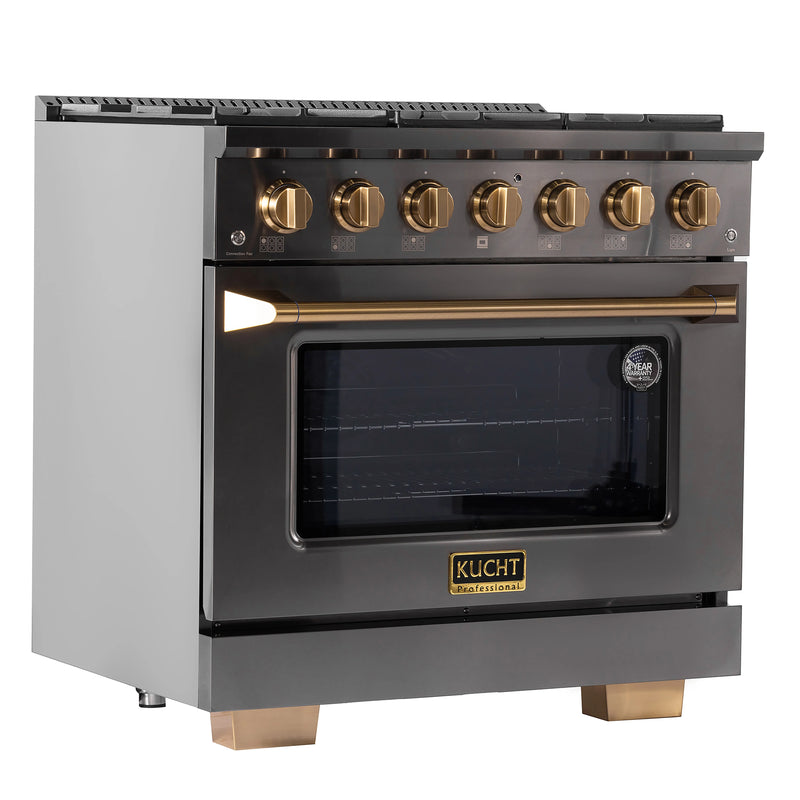 Kucht Gemstone 36" 5.2 cu ft. Propane Gas Dual Fuel Range in Black with Gold Knobs, KED364/LP