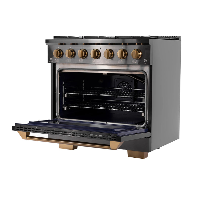 Kucht Gemstone Professional 36" 5.2 cu ft. Propane Gas Range in Titanium Stainless Steel with Gold Knobs, KEG363/LP