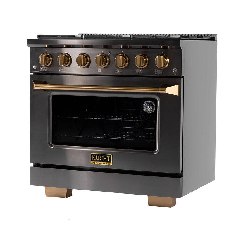 Kucht Gemstone Professional 36" 5.2 cu ft. Natural Gas Range in Titanium Stainless Steel with Gold Knobs, KEG363