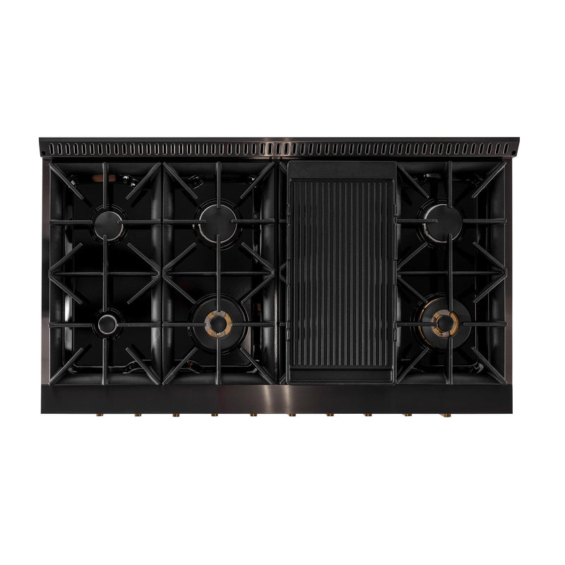 Kucht Gemstone 48" 6.7 cu ft. Natural Gas Dual Fuel Range with Black Door and Gold Knobs, KED484
