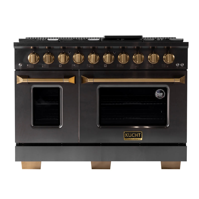 Kucht Gemstone 48" 6.7 cu ft. Natural Gas Dual Fuel Range with Black Door and Gold Knobs, KED484