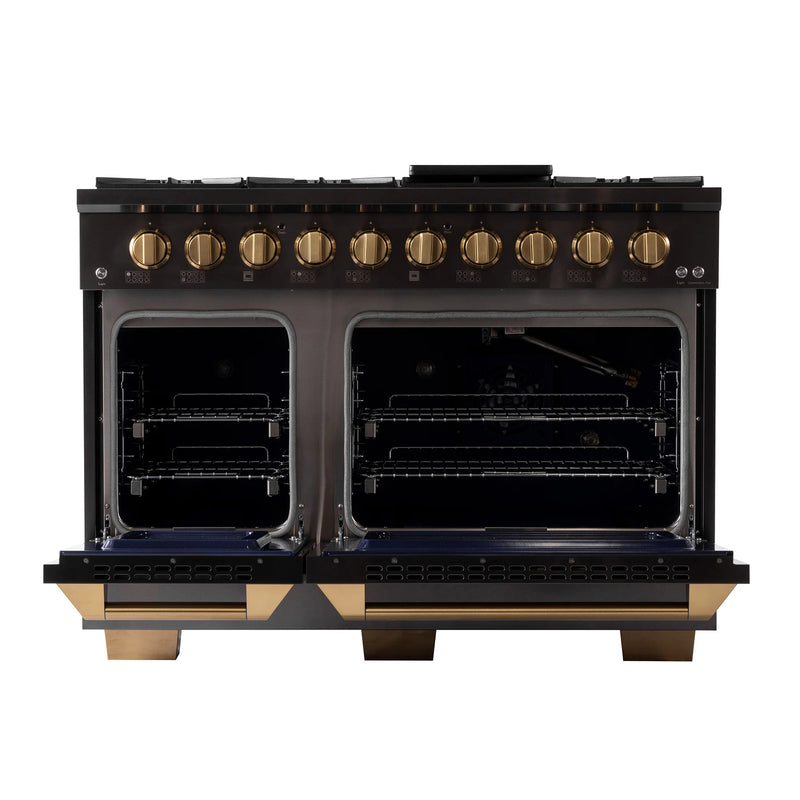 Kucht Gemstone 48" 6.7 cu ft. Natural Gas Dual Fuel Range with Black Door and Gold Knobs, KED484