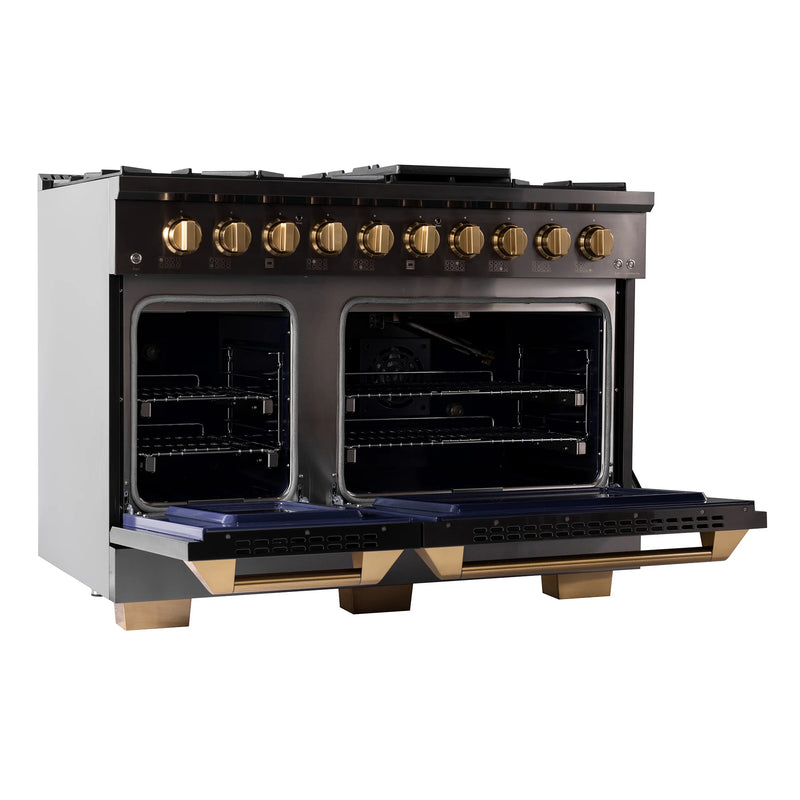 Kucht Gemstone 48" 6.7 cu ft. Natural Gas Dual Fuel Range with Black Door and Gold Knobs, KED484