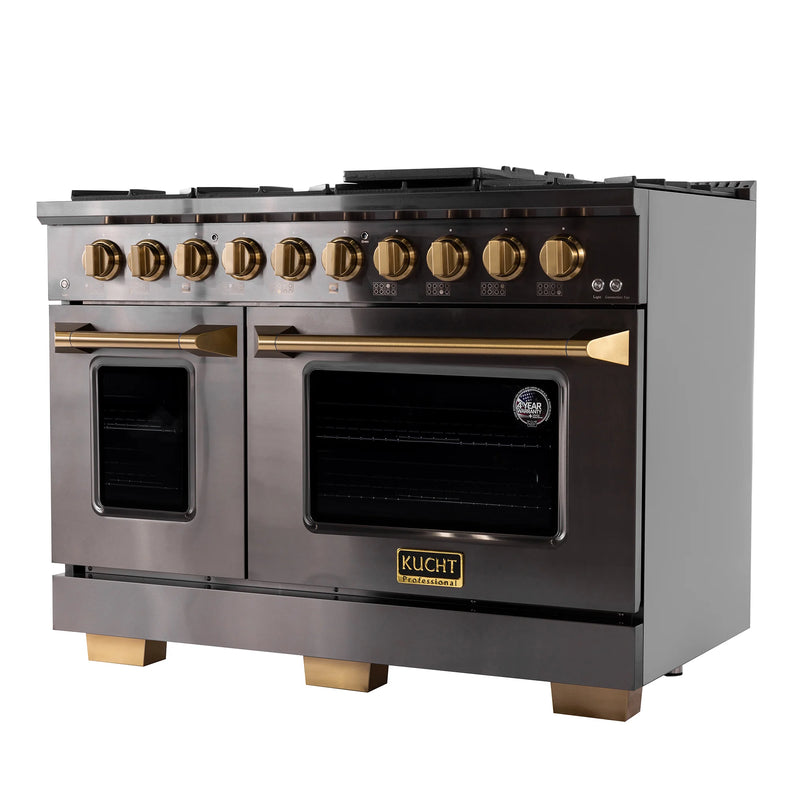 Kucht Gemstone 48" 6.7 cu ft. Propane Gas Dual Fuel Range with Black Door and Gold Knobs, KED484/LP