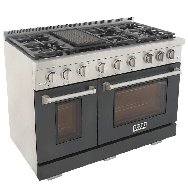 Kucht Professional 48" 6.7 cu ft. Propane Gas Range with Cement Gray Door and Silver Knobs, KFX4800X/LP-GY