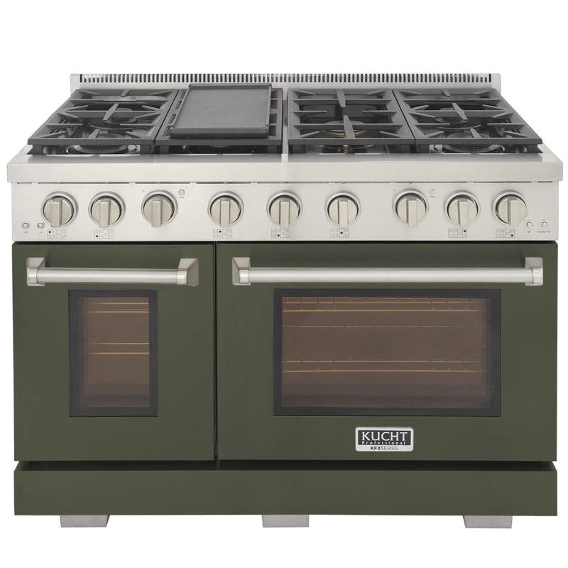 Kucht Professional 48" 6.7 cu ft. Propane Gas Range with Olive Green Door and Silver Knobs, KFX4800X/LP-G