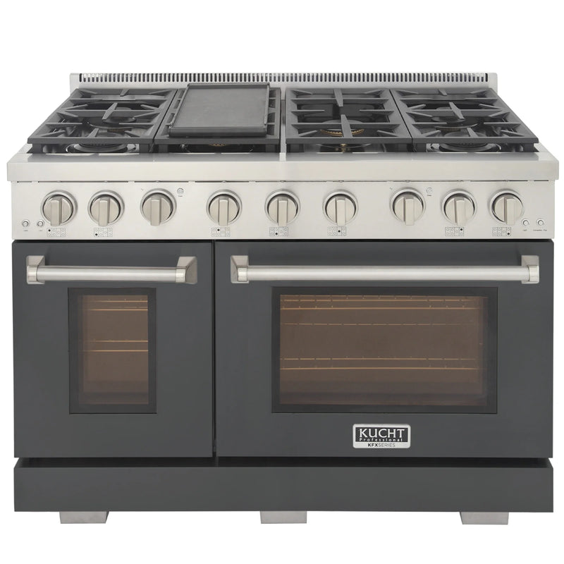Kucht Professional 48" 6.7 cu ft. Propane Gas Range with Cement Gray Door and Silver Knobs, KFX4800X/LP-GY