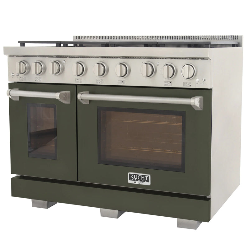 Kucht Professional 48" 6.7 cu ft. Propane Gas Range with Olive Green Door and Silver Knobs, KFX4800X/LP-G