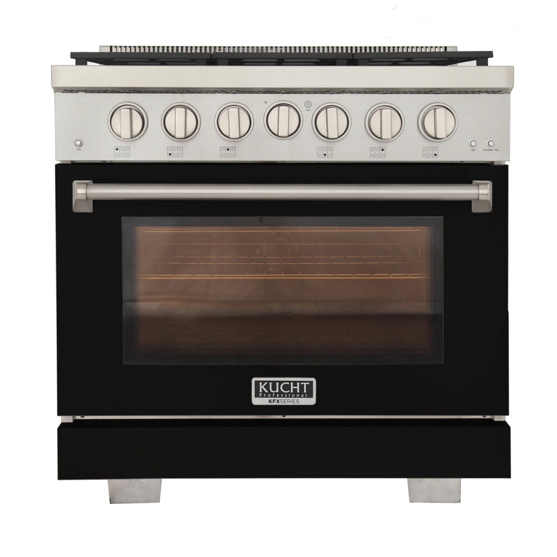 Kucht Professional 36" 5.2 cu ft. Propane Gas Range with Black Door and Silver Knobs, KFX3600X/LP-BK