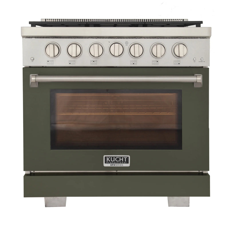 Kucht Professional 36" 5.2 cu ft. Propane Gas Range with Olive Green Door and Silver Knobs, KFX3600X/LP-G