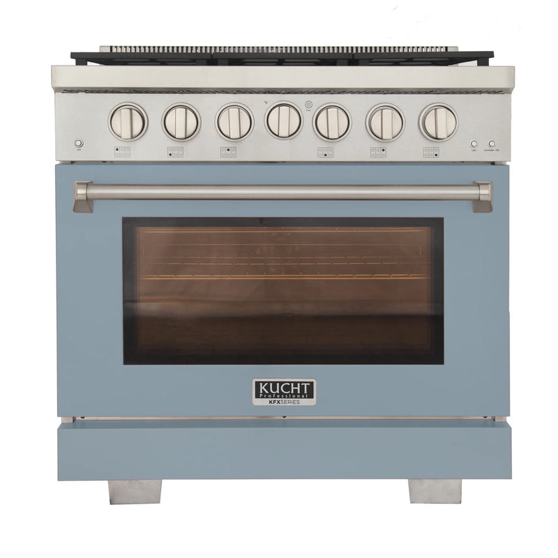 Kucht Professional 36" 5.2 cu ft. Propane Gas Range with Light Blue Door and Silver Knobs, KFX3600X/LP-LB