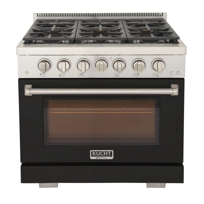 Kucht Professional 36" 5.2 cu ft. Propane Gas Range with Black Door and Silver Knobs, KFX3600X/LP-BK