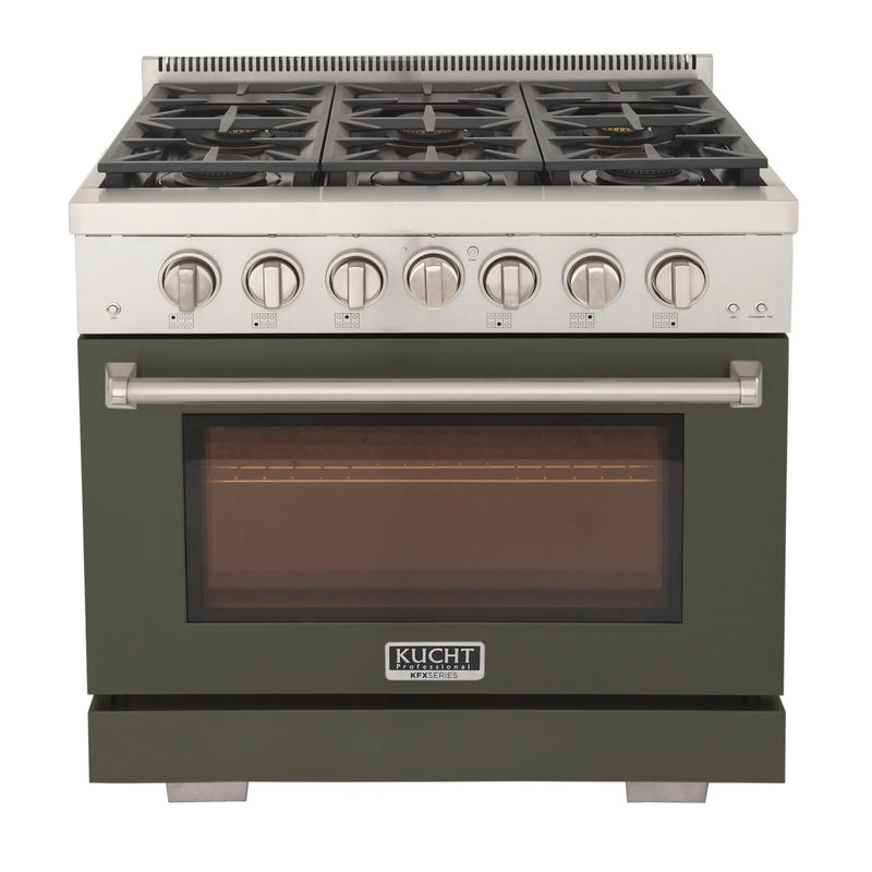 Kucht Professional 36" 5.2 cu ft. Propane Gas Range with Olive Green Door and Silver Knobs, KFX3600X/LP-G