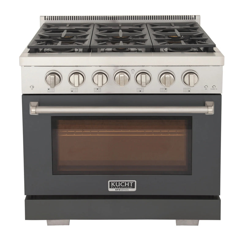 Kucht Professional 36" 5.2 cu ft. Propane Gas Range with Cement Gray Door and Silver Knobs, KFX3600X/LP-GY