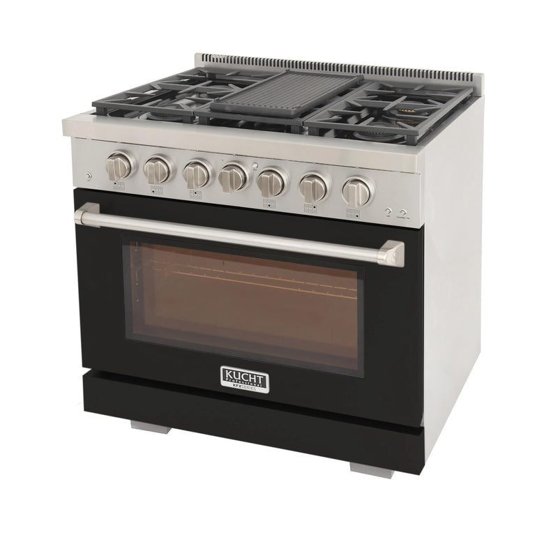 Kucht Professional 36" 5.2 cu ft. Propane Gas Range with Black Door and Silver Knobs, KFX3600X/LP-BK