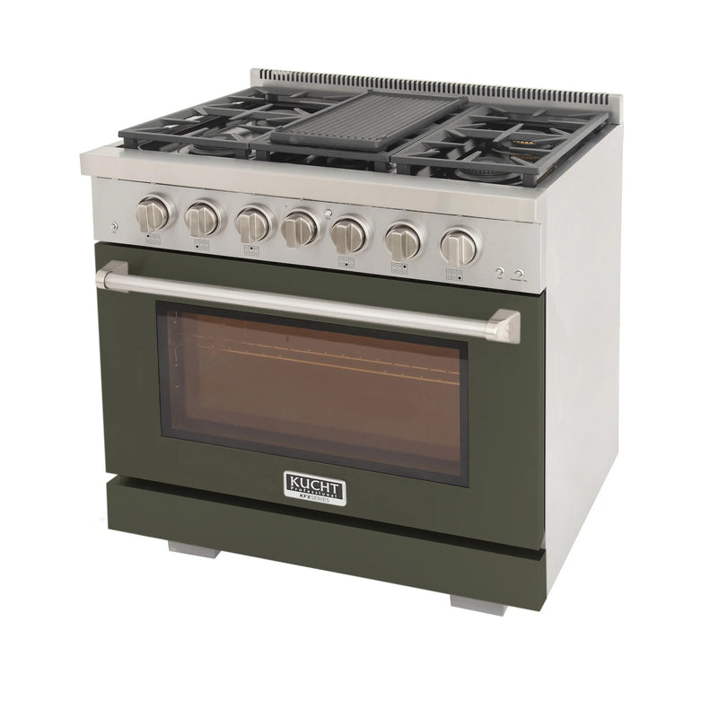 Kucht Professional 36" 5.2 cu ft. Natural Gas Range with Olive Green Door and Silver Knobs, KFX3600X-G
