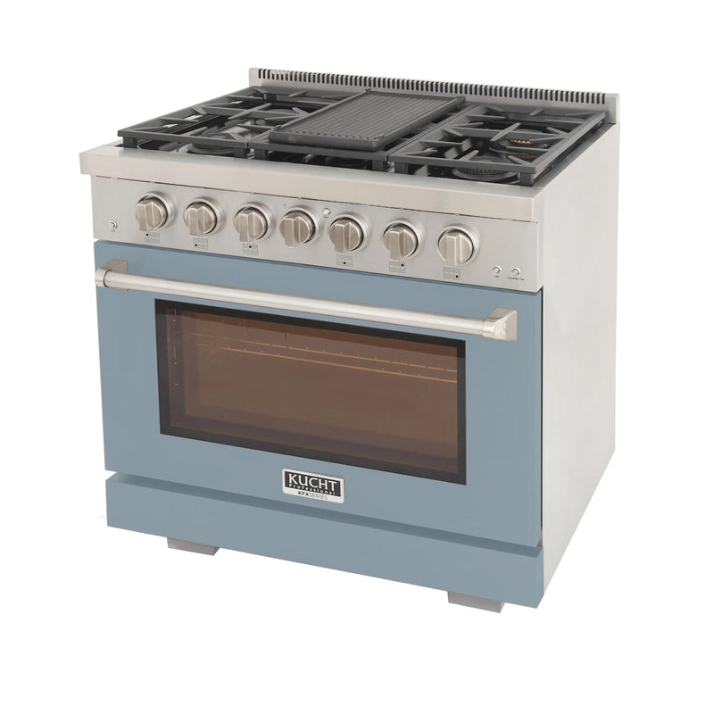 Kucht Professional 36" 5.2 cu ft. Propane Gas Range with Light Blue Door and Silver Knobs, KFX3600X/LP-LB