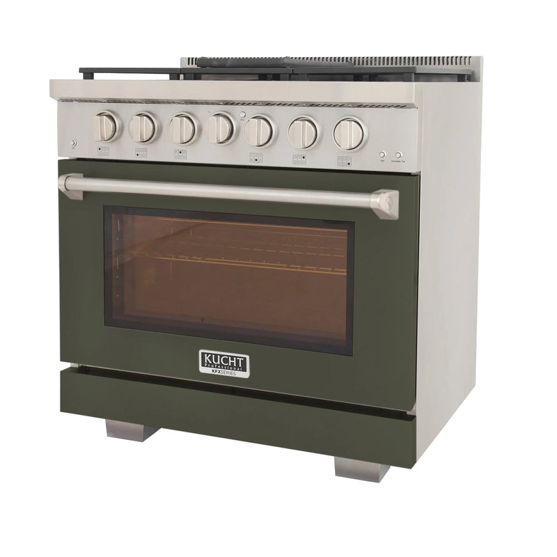 Kucht Professional 36" 5.2 cu ft. Propane Gas Range with Olive Green Door and Silver Knobs, KFX3600X/LP-G