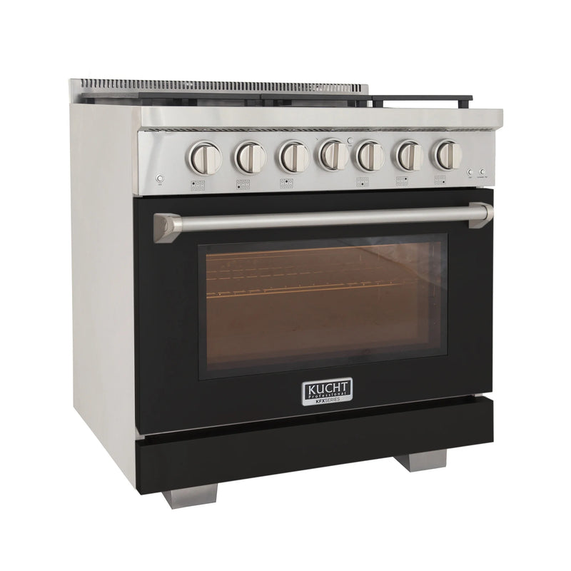 Kucht Professional 36" 5.2 cu ft. Propane Gas Range with Black Door and Silver Knobs, KFX3600X/LP-BK