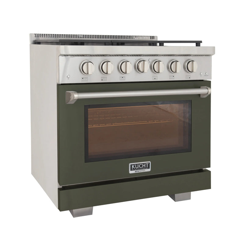 Kucht Professional 36" 5.2 cu ft. Propane Gas Range with Olive Green Door and Silver Knobs, KFX3600X/LP-G