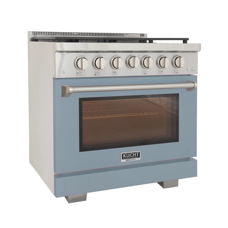 Kucht Professional 36" 5.2 cu ft. Propane Gas Range with Light Blue Door and Silver Knobs, KFX3600X/LP-LB