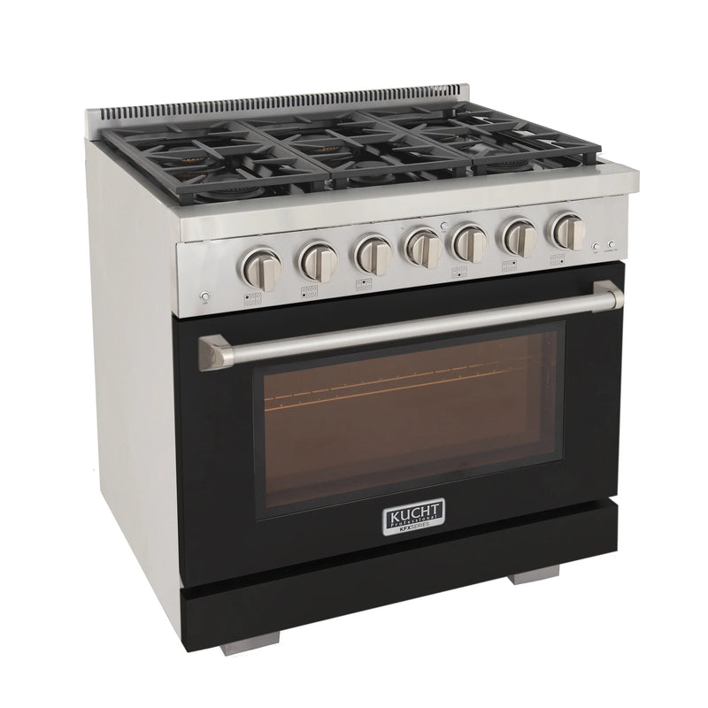 Kucht Professional 36" 5.2 cu ft. Propane Gas Range with Black Door and Silver Knobs, KFX3600X/LP-BK