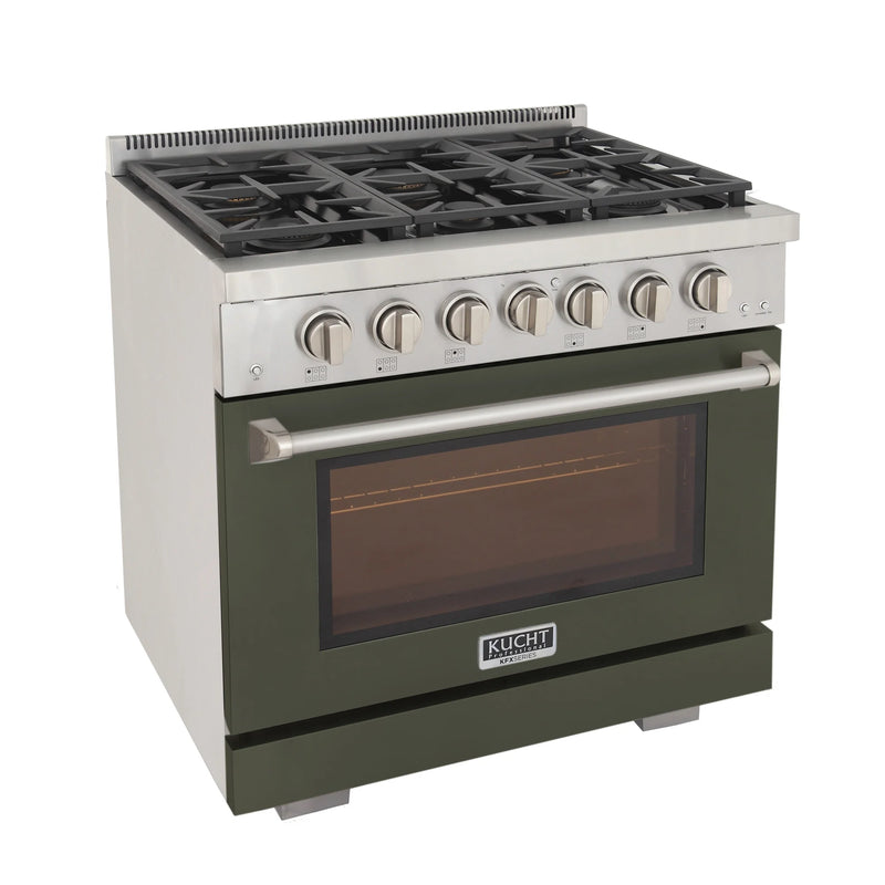 Kucht Professional 36" 5.2 cu ft. Natural Gas Range with Olive Green Door and Silver Knobs, KFX3600X-G