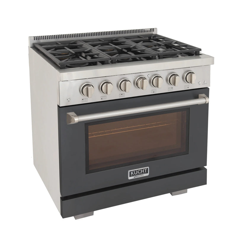 Kucht Professional 36" 5.2 cu ft. Propane Gas Range with Cement Gray Door and Silver Knobs, KFX3600X/LP-GY