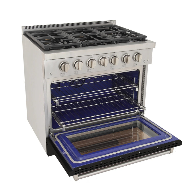 Kucht Professional 36" 5.2 cu ft. Propane Gas Range with Black Door and Silver Knobs, KFX3600X/LP-BK