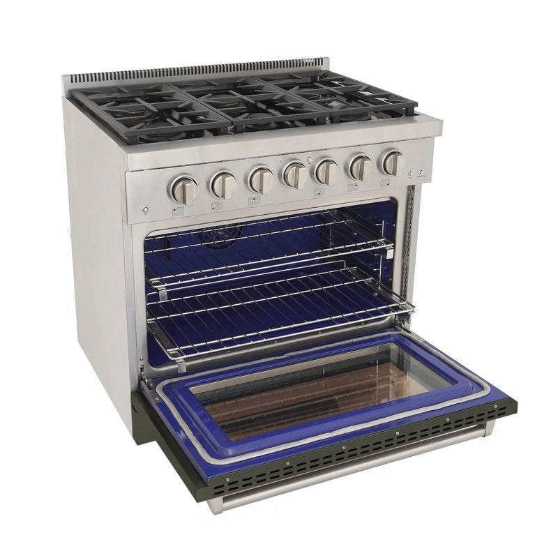Kucht Professional 36" 5.2 cu ft. Natural Gas Range with Olive Green Door and Silver Knobs, KFX3600X-G