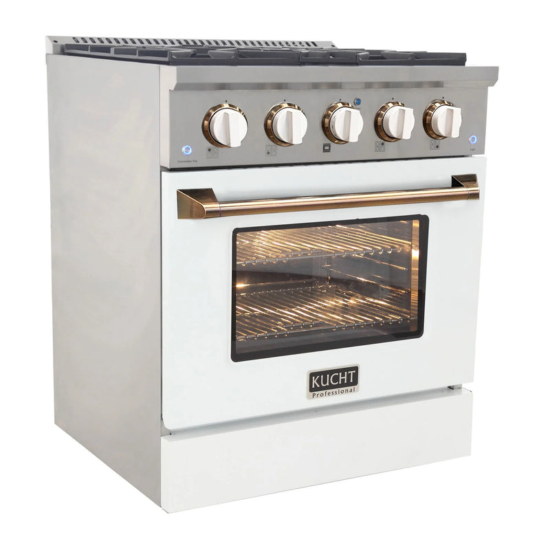 Kucht Professional 30" 4.2 cu ft. Natural Gas Dual Fuel Range with White Door and Gold Knobs, KDF302-W-GOLD